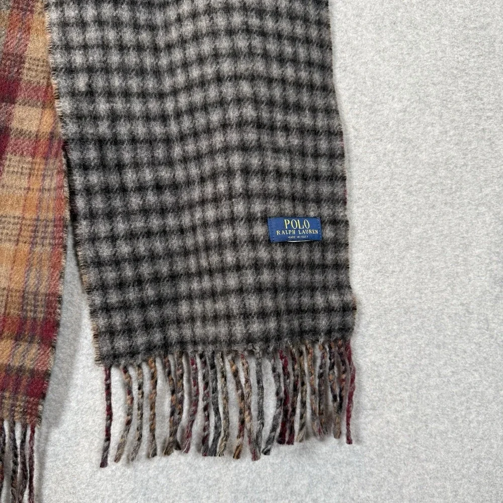 Polo Ralph Lauren Reversible Lambswool Scarf Glen Plaid Gray Fringe Italy